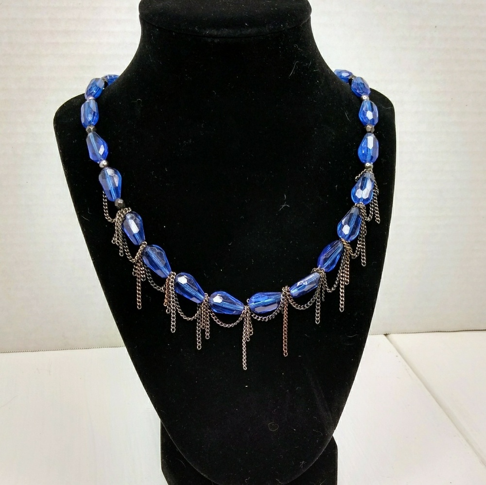Blue bead necklace with gunmetal chain accents